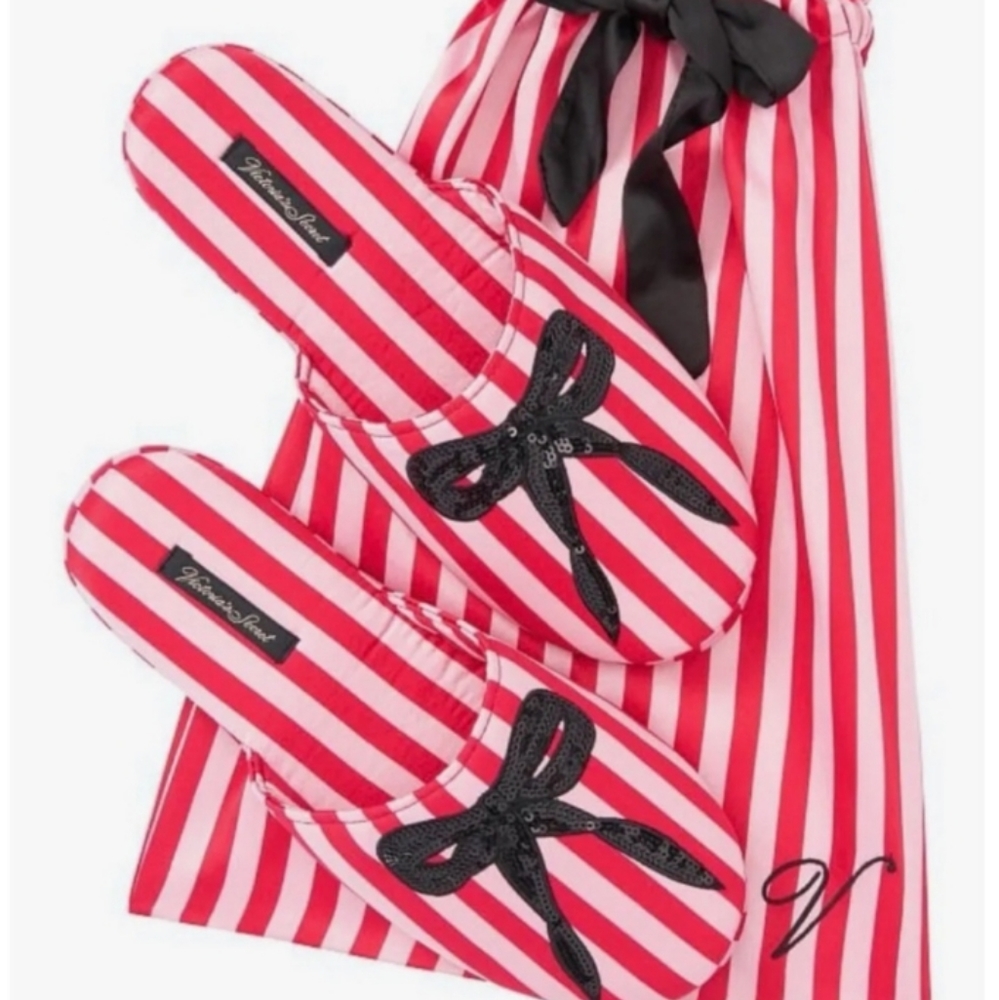 NWT Size 7/8 Victoria's Secret Iconic Red & Pink Strips W/ Sparkly Bow Slippers